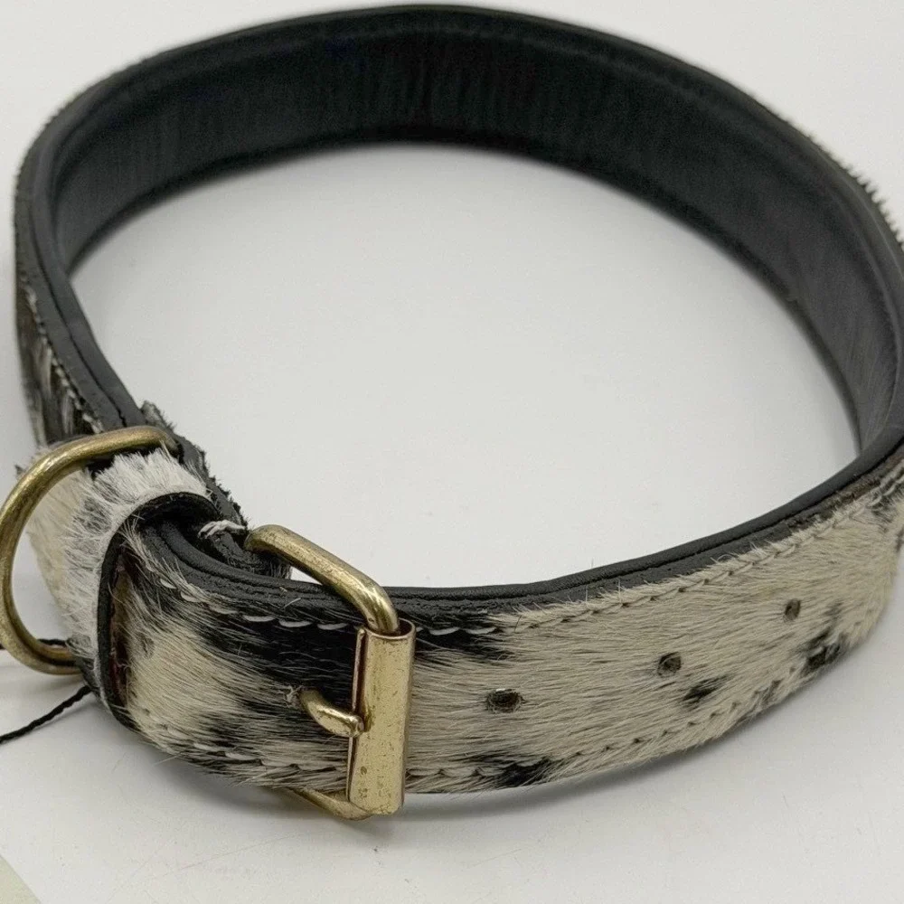 Myra Bag Cowhide Dog Collar Black White Spotted Leather Gold Bone Studs NEW XL